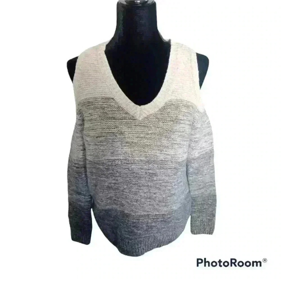 Rebecca Minkoff Page Grey and White Wool Blend Cold Shoulder Knit Sweater M - Picture 1 of 13